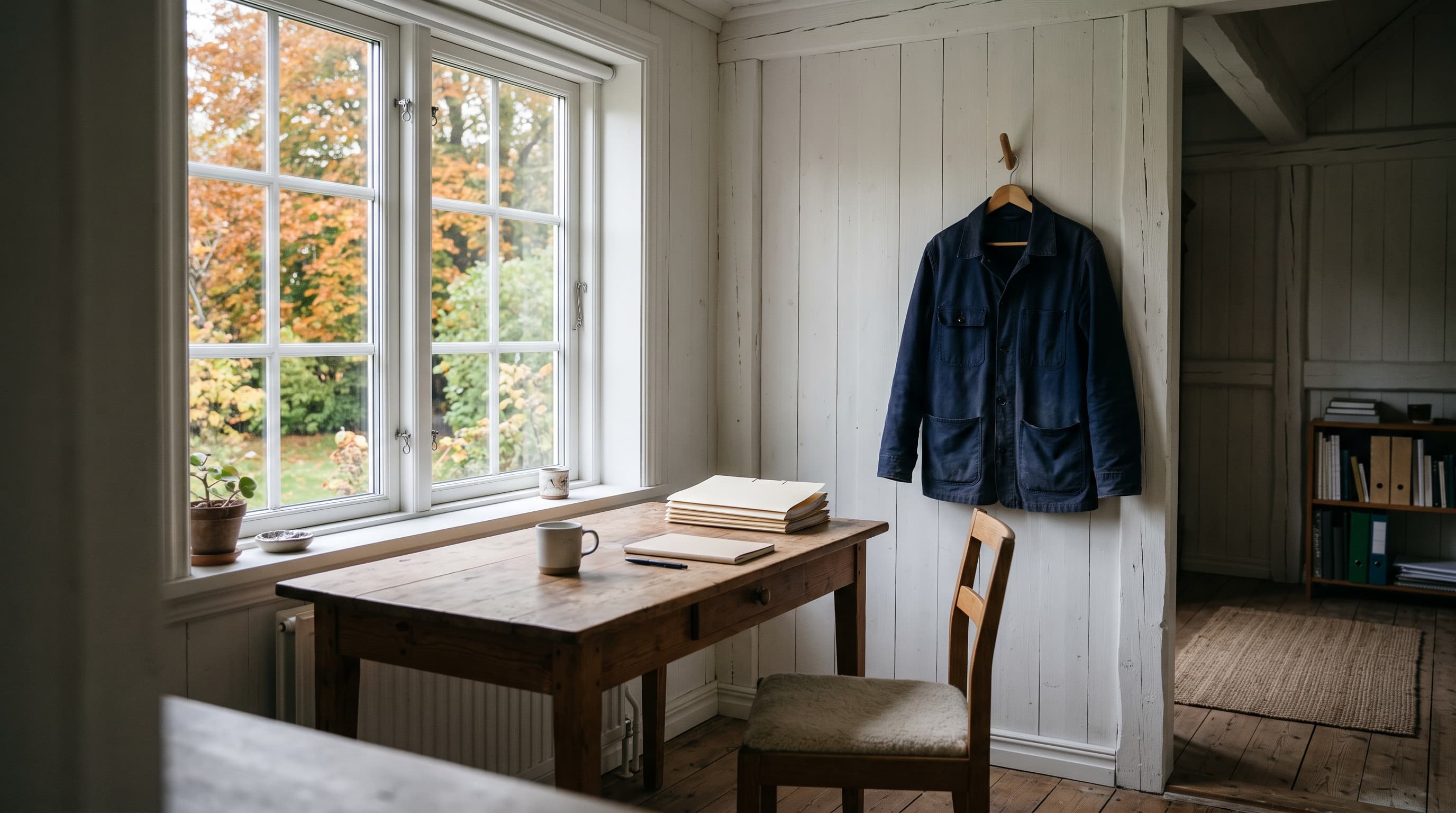 Skrivbord med papper, anteckningsbok och kaffekopp vid fönster mot höstträd, arbetsjacka på krok – hemmakontor för jämkningsansökan