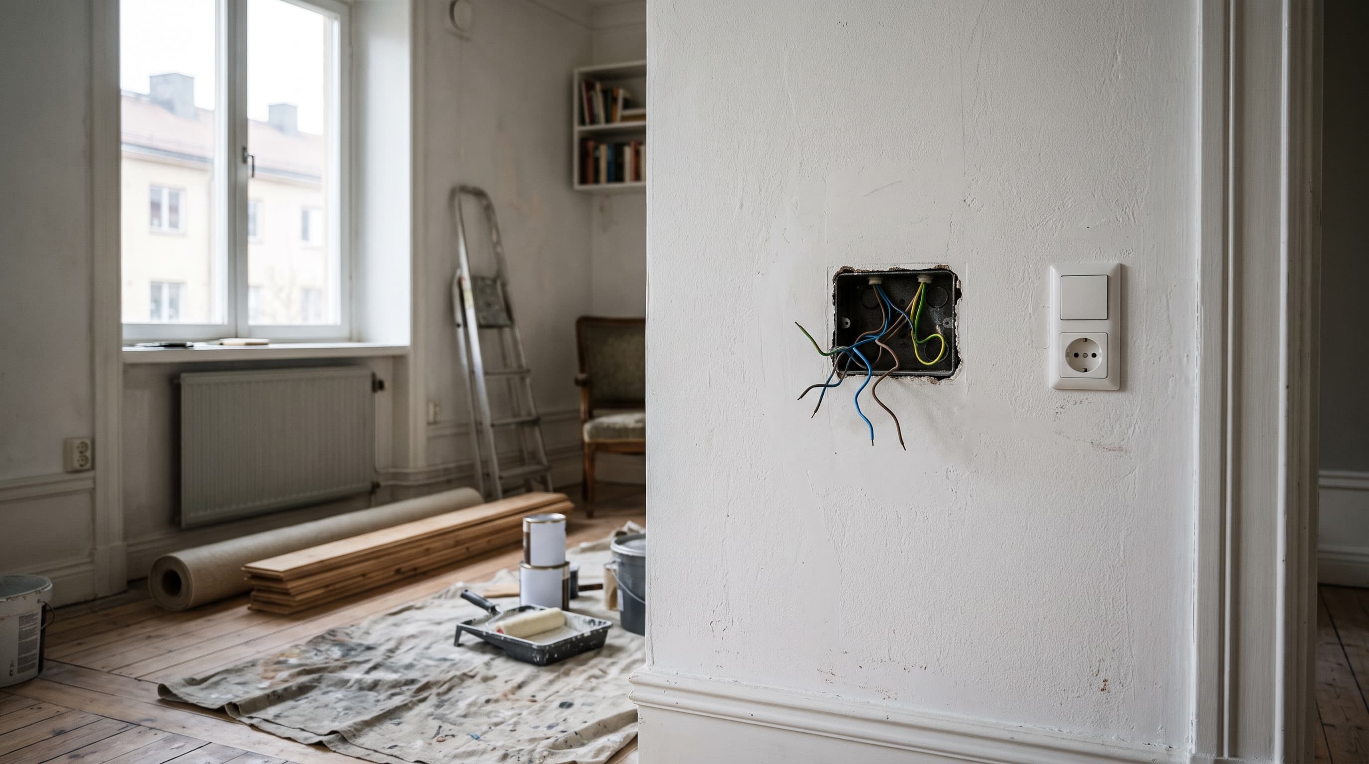 Öppen kopplingsdosa med lösa blå, bruna och gulgröna ledare i en vit vägg under renovering, bredvid ett uttag – påminnelse om arbete utan spänning