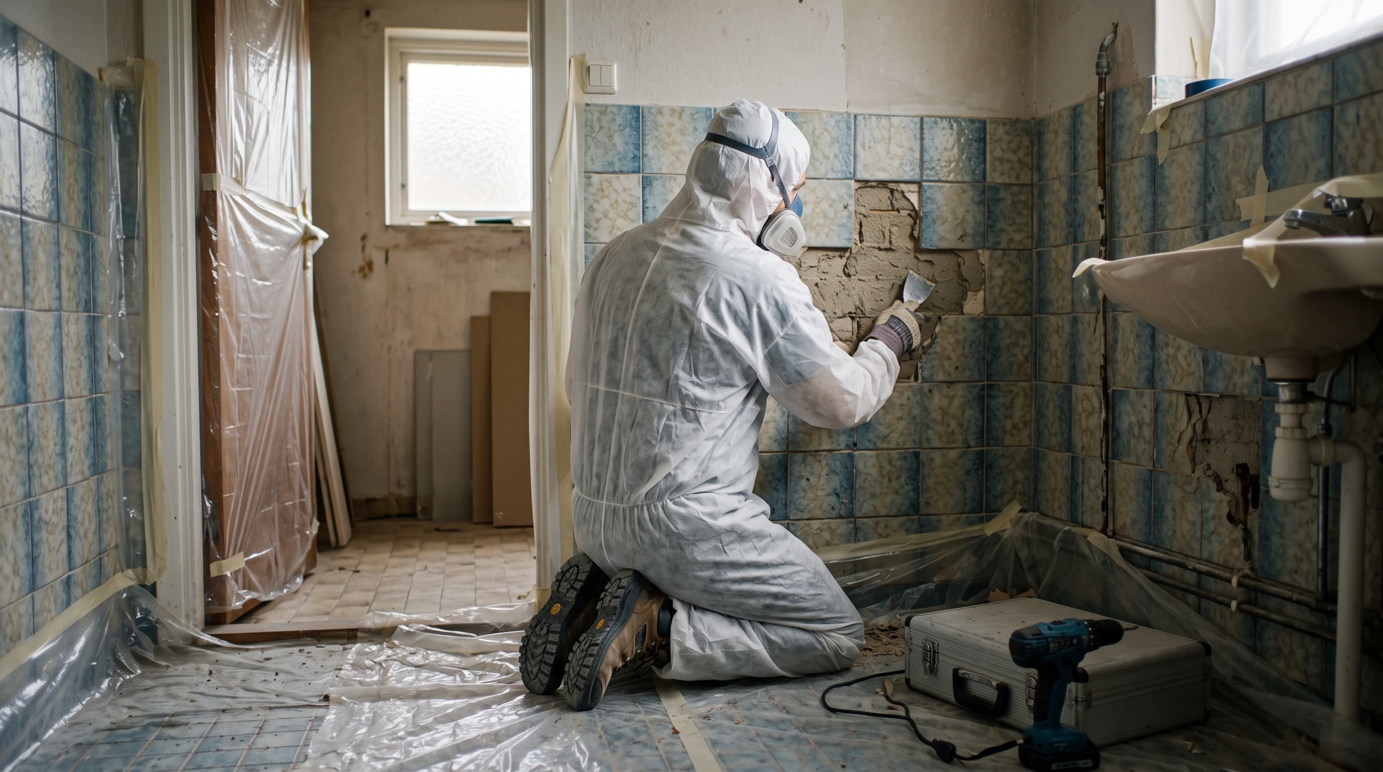 Hantverkare i skyddsdräkt och andningsskydd granskar en äldre badrumsvägg med plastskydd innan renovering där asbest kan finnas
