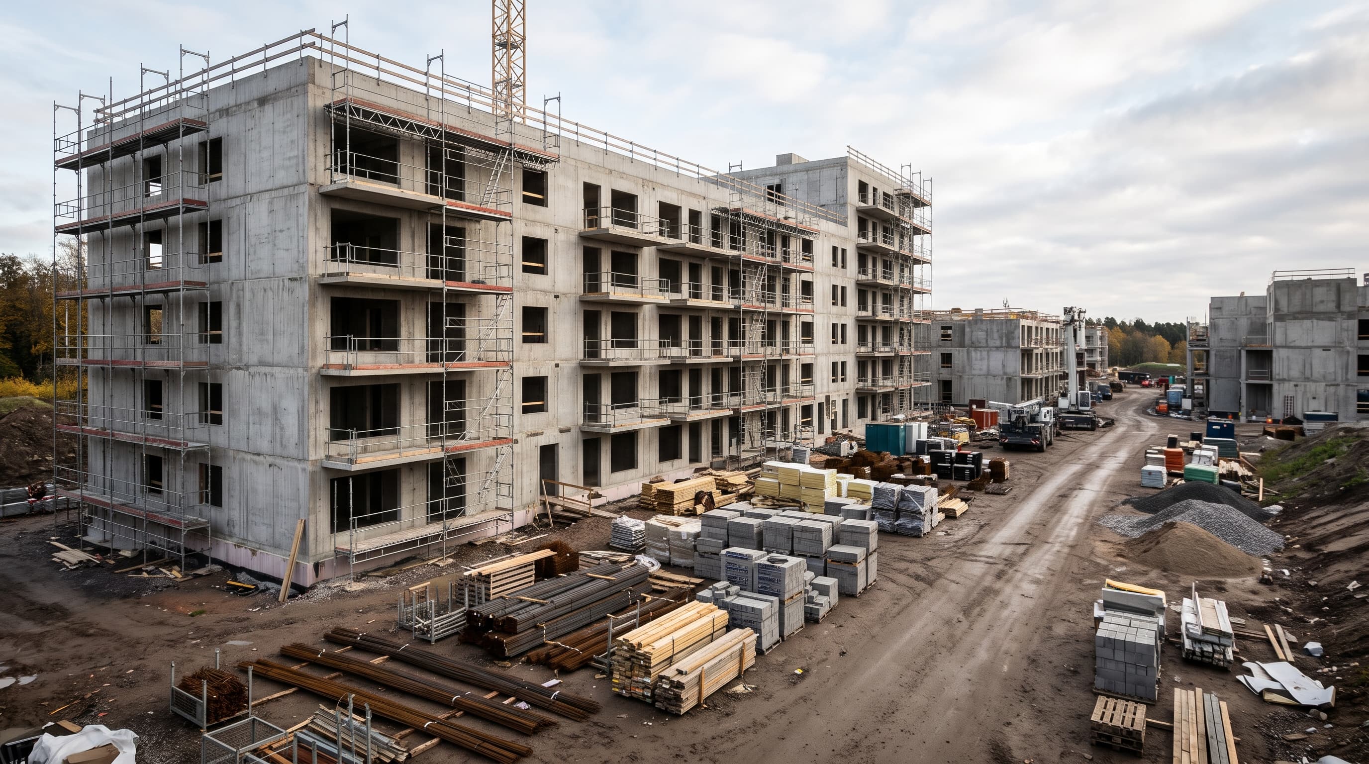 Byggarbetsplats med betongstommar till flerbostadshus, ställningar, kran och pallar med virke, armering och block längs en lerig väg – byggbranschens konkursrisker