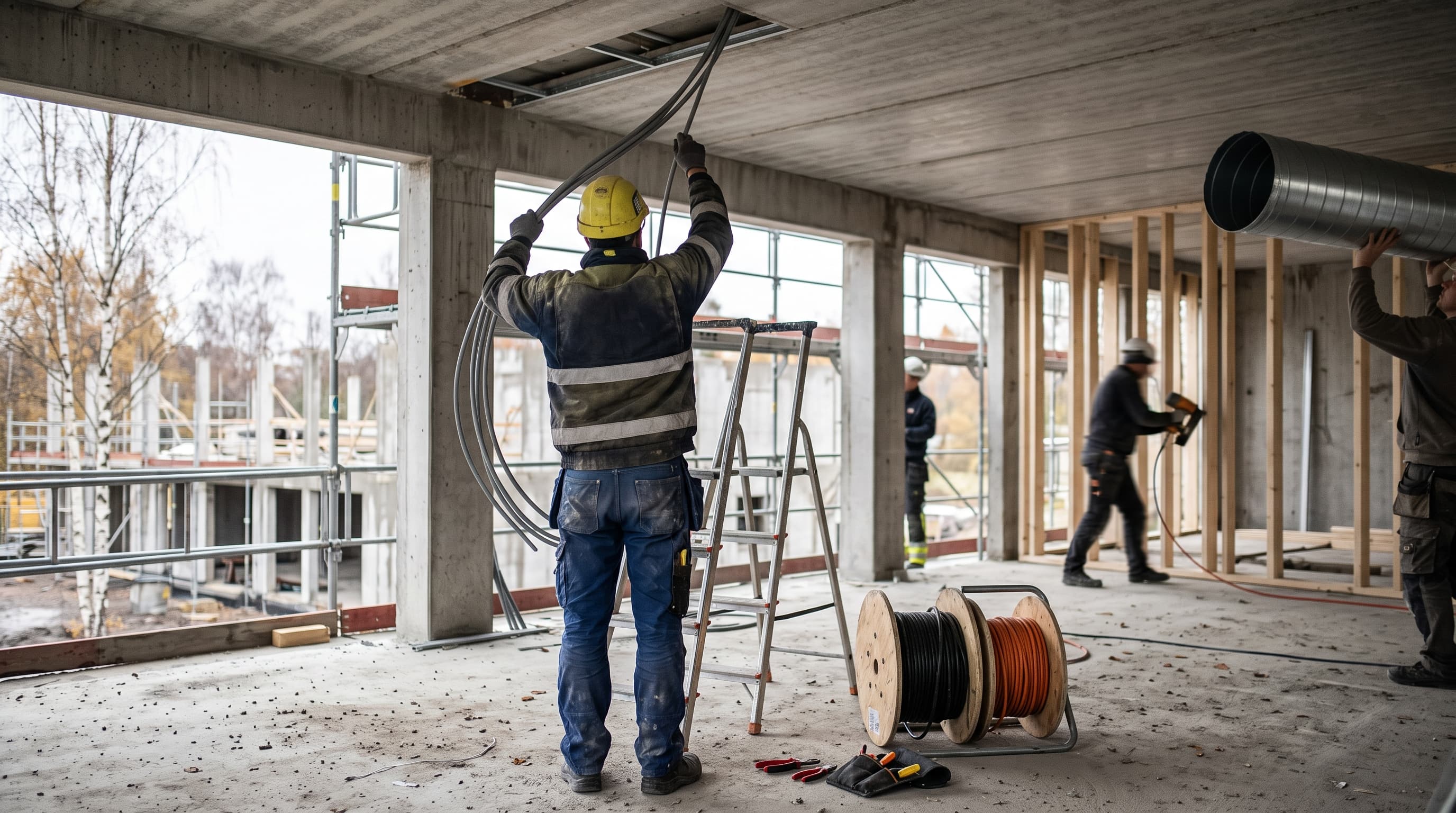 Elektriker drar kabel på ett byggprojekt där flera hantverkare från olika firmor arbetar, kopplat till debatten om att begränsa underentreprenörer i bygg