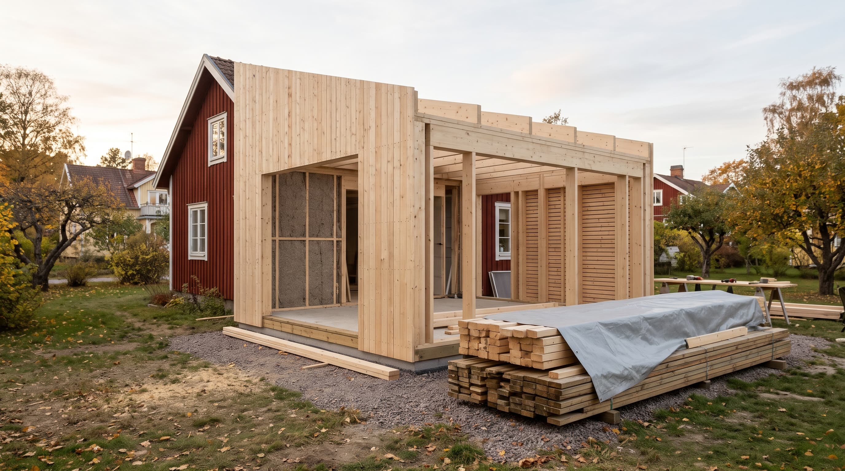 Pågående tillbyggnad med trästomme och ljus panel vid ett rött trähus, med presenningstäckt virkesstapel i höstträdgård – byggandet i BNP-statistiken