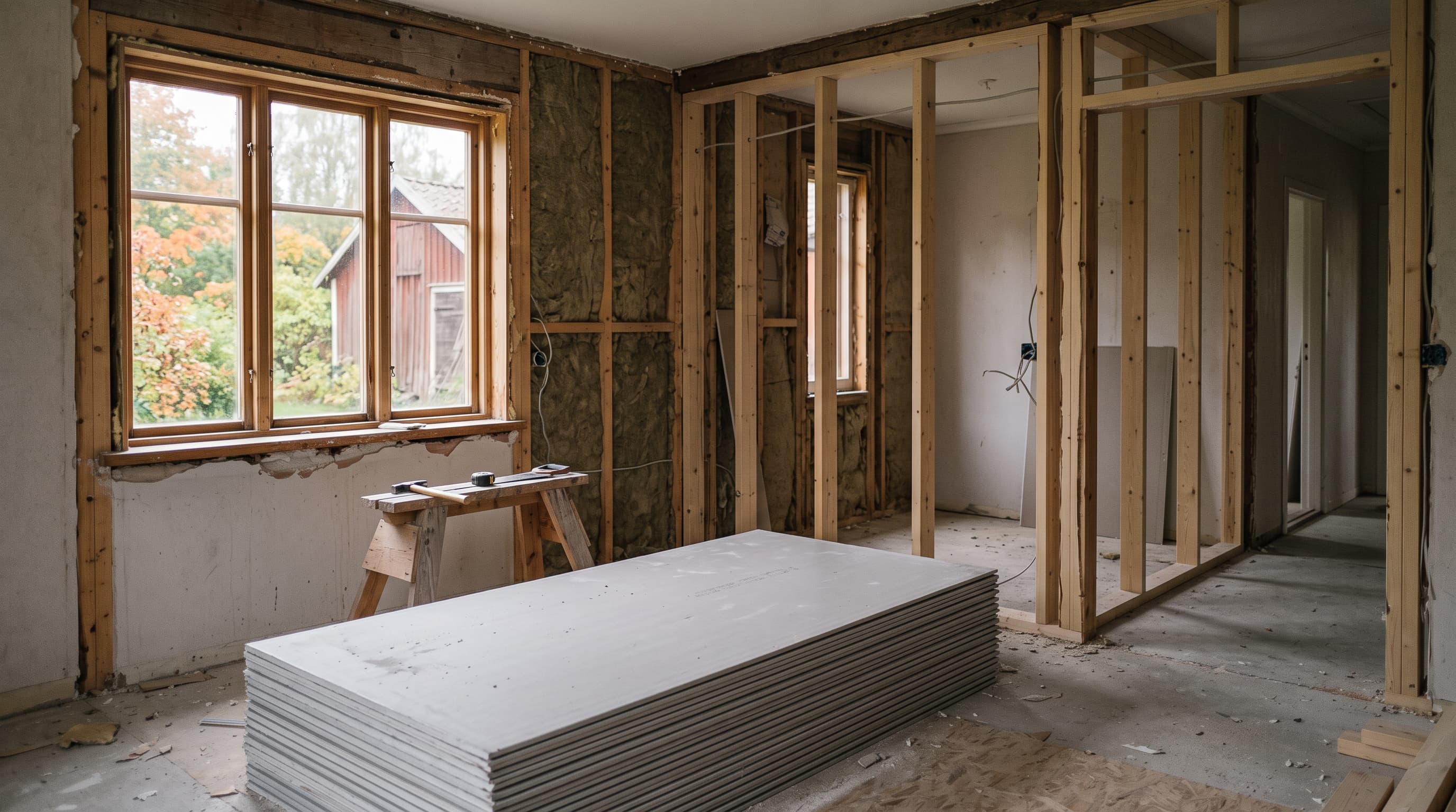 Rum under renovering med regelverk, isolering, en trave gipsskivor och en arbetsbock med hammare och måttband – byggbranschen i ett osäkert läge