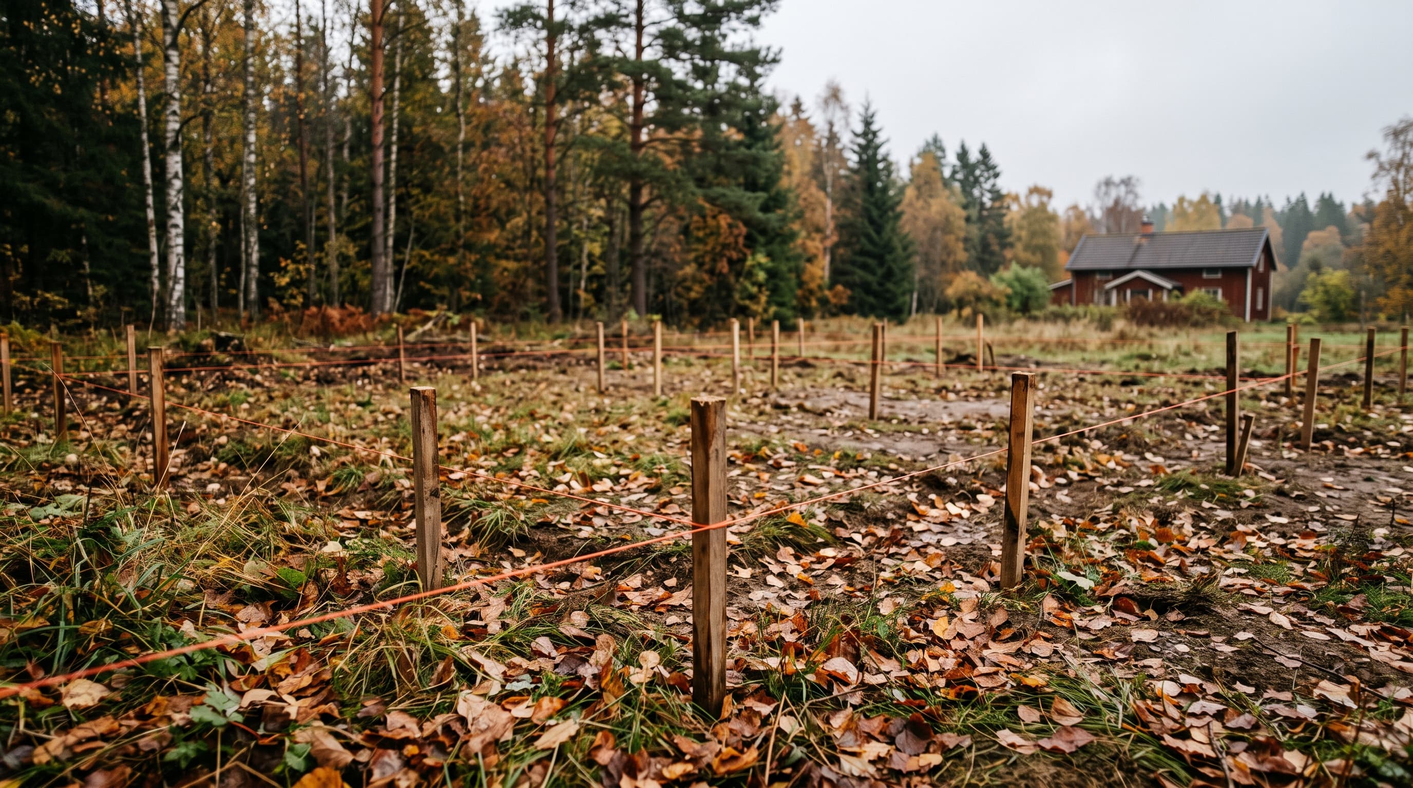 Tomt utstakad med träpinnar och orange snöre bland höstlöv, med skog och ett rött trähus i bakgrunden – en byggnation som väntar på bygglov.