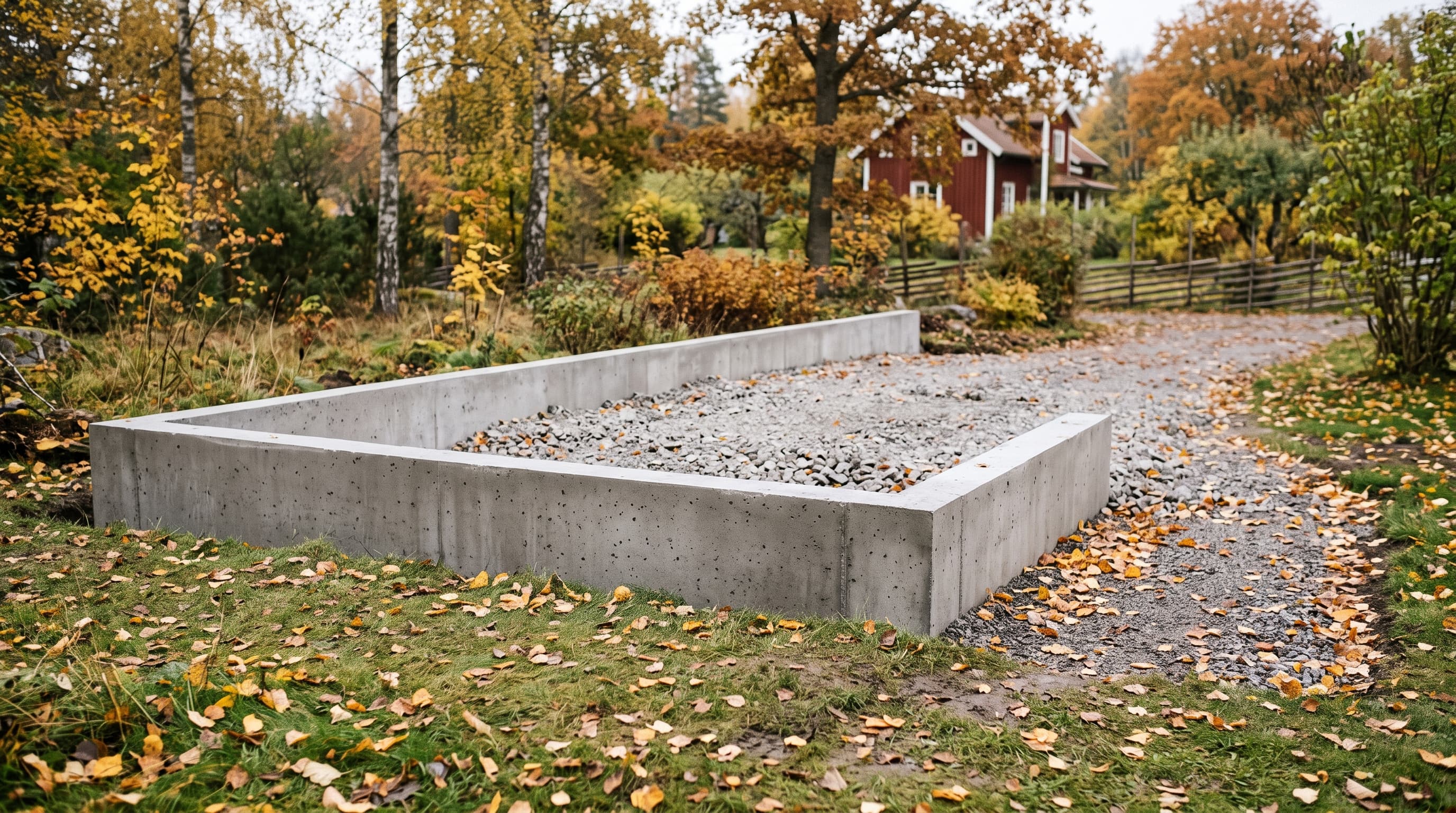 Låg gjuten betongmur i vinkel fylld med makadam på en gräsmatta med höstlöv, rött trähus och träd i bakgrunden – stödmur och bygglov inför tjälen