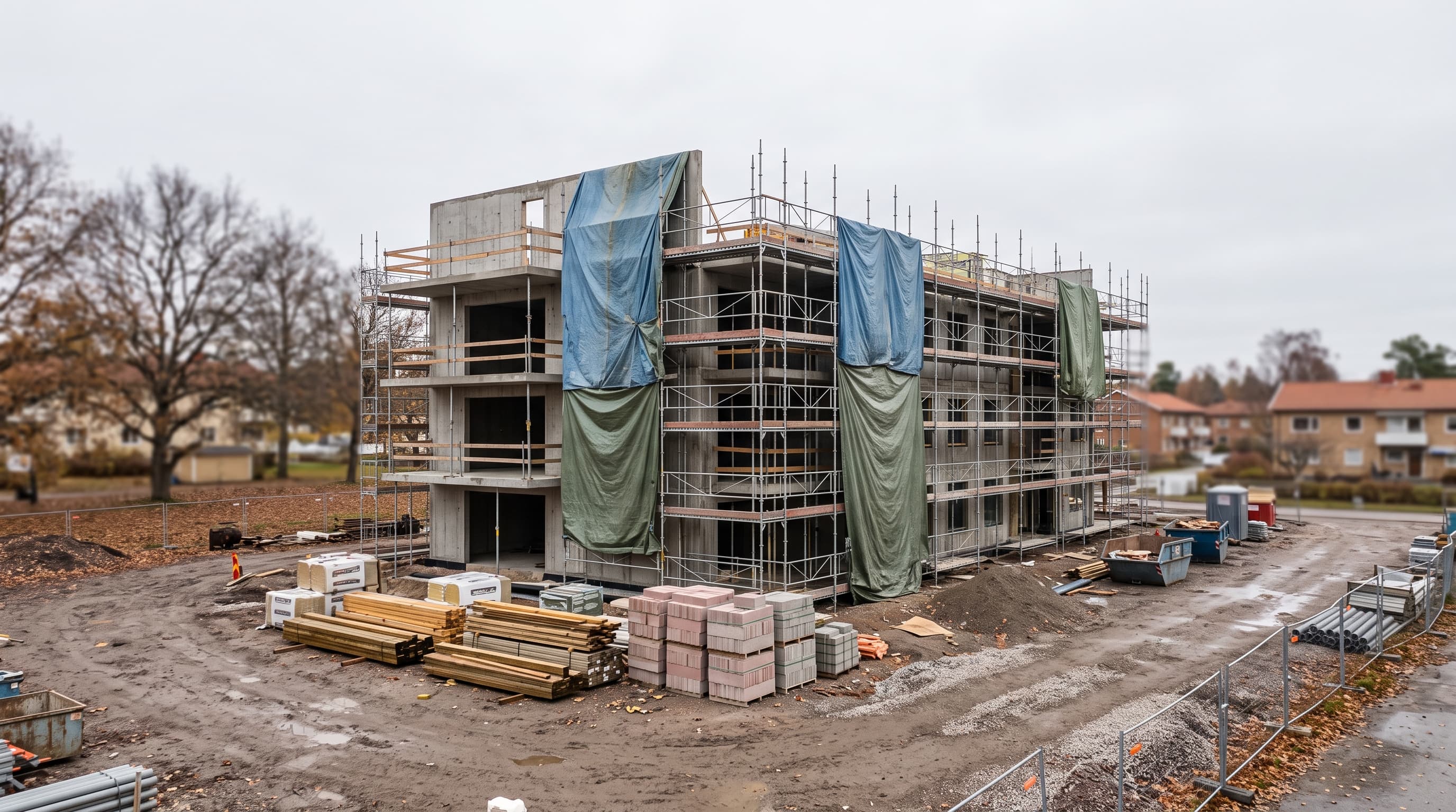 Flervåningshus i betong under uppförande med byggställningar och presenningar, virke och block på lerig byggarbetsplats – byggmarknaden län för län