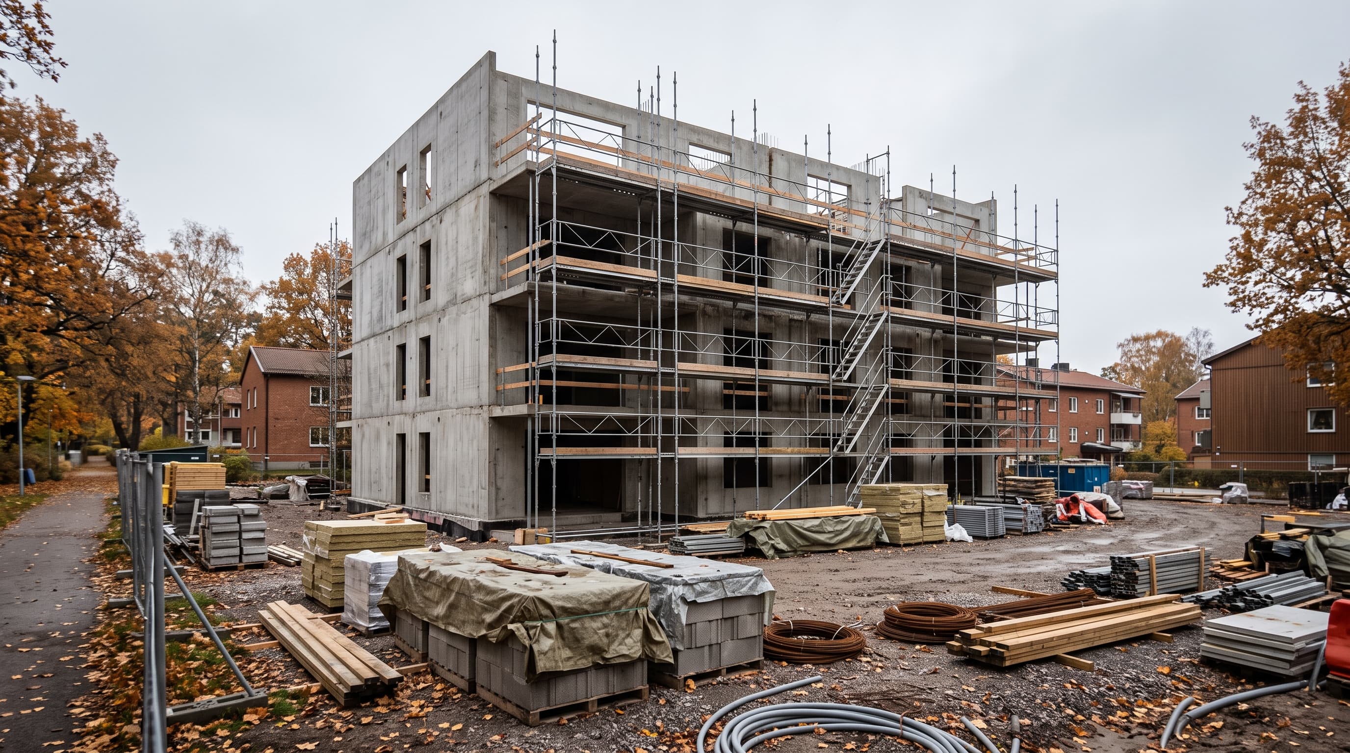 Flervåningshus i betong med byggnadsställning, byggmaterial på pallar och kabelrullar i förgrunden, höstträd och tegelhus runt – nya bostadsbyggen.