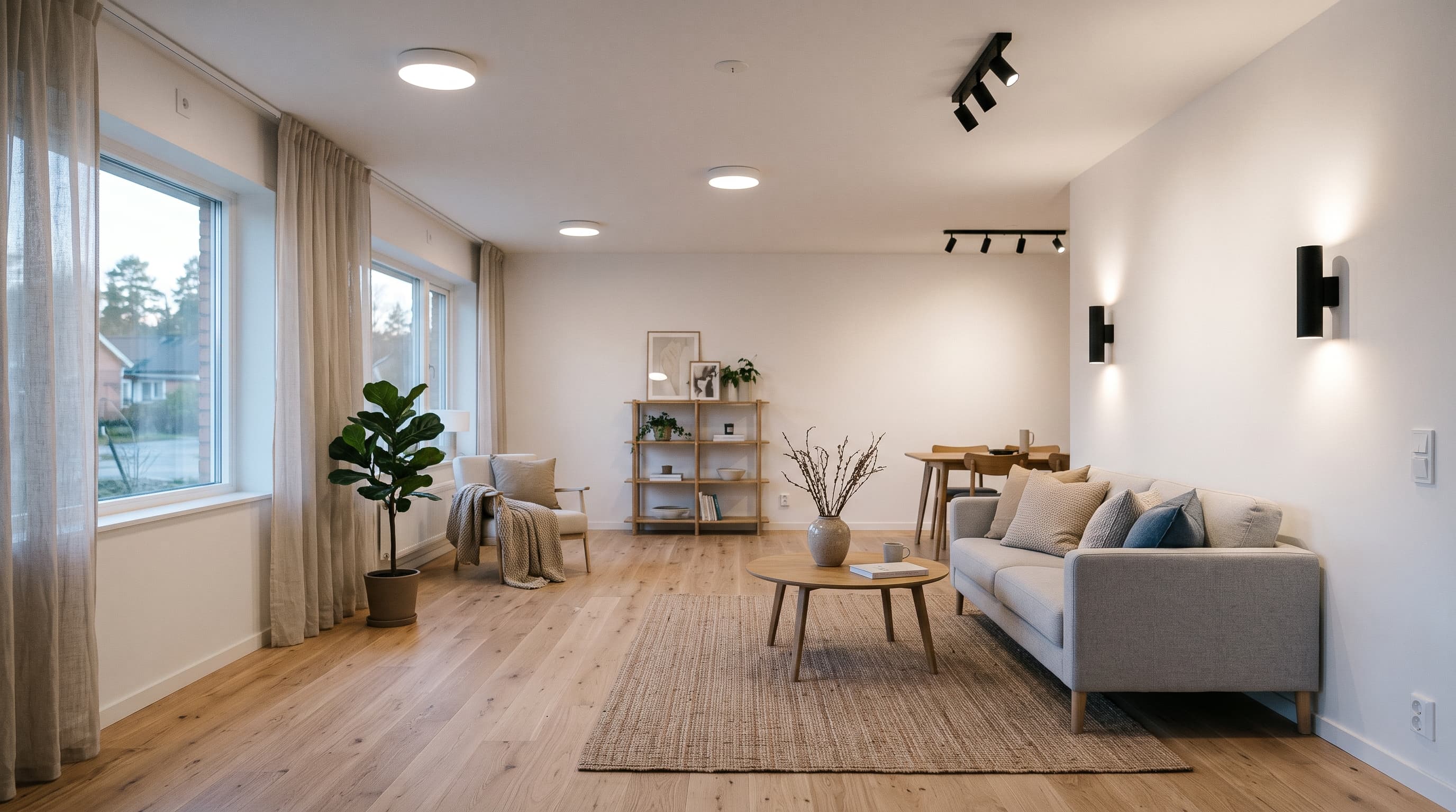 Ljust vardagsrum med ekgolv, grå soffa, runt soffbord, taklampor, svarta spotlights och vägglampor samt eluttag – elprodukter i hemmet och CE-märkning.