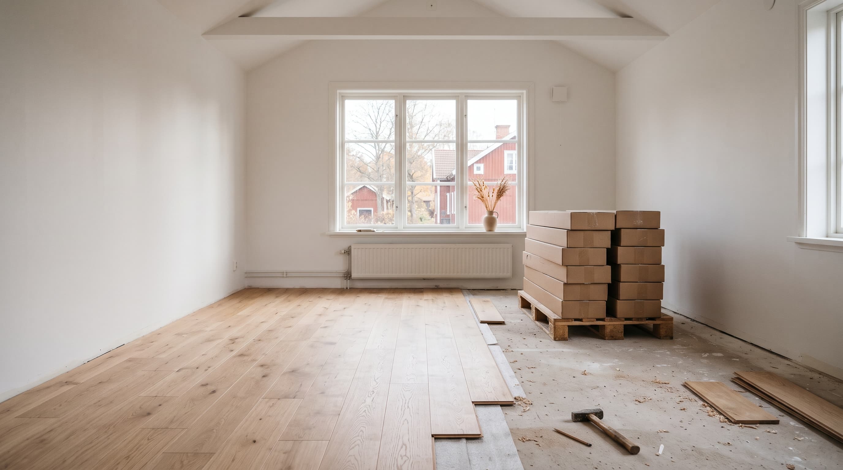 Ljust rum med halvlagt ekgolv, pall med kartonger, lösa brädor och en hammare på betonggolvet – golvrenovering kopplad till detaljhandelns försäljning