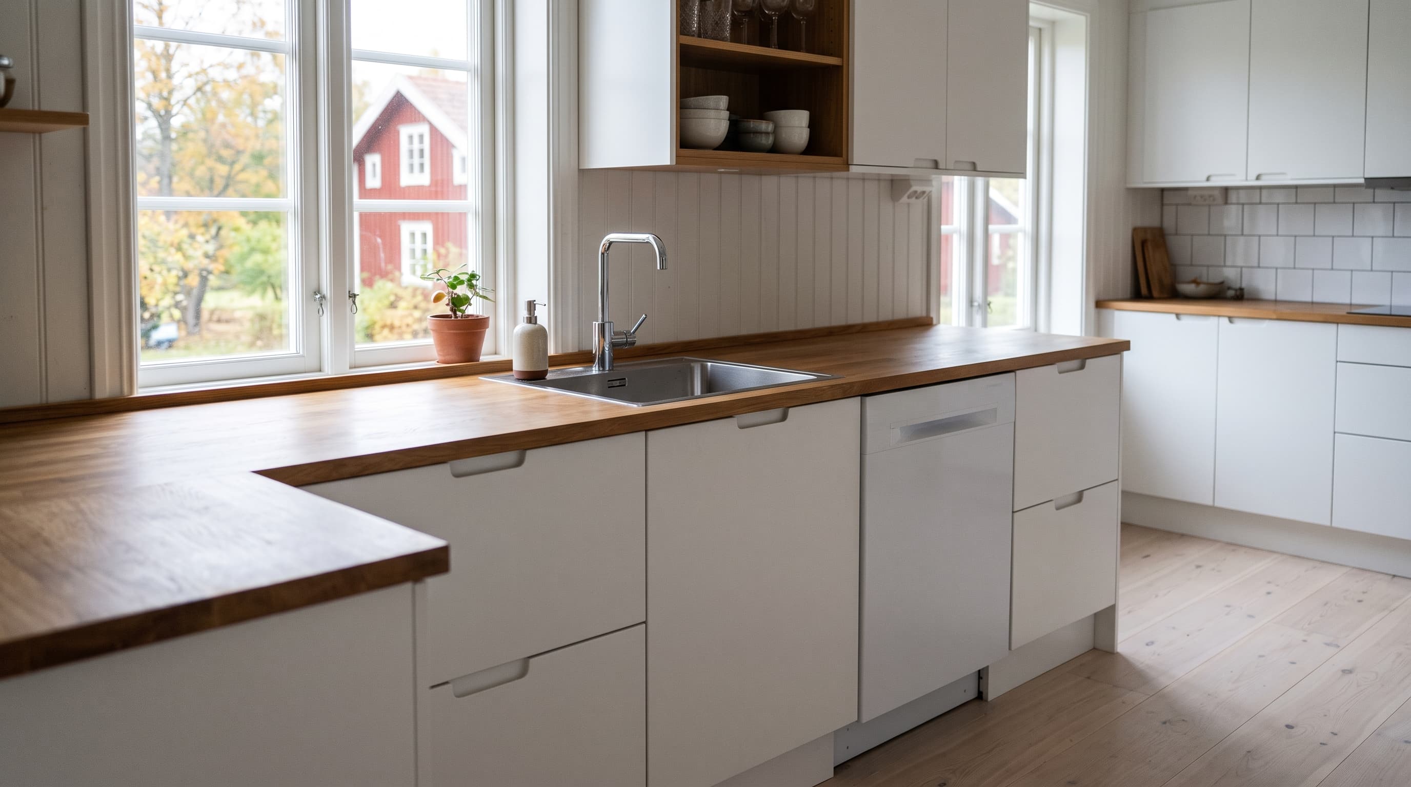 Ljust kök med träbänkskiva, diskho i rostfritt, blandare och integrerad vit diskmaskin bredvid vita skåp – diskmaskinen är kopplad under diskbänken