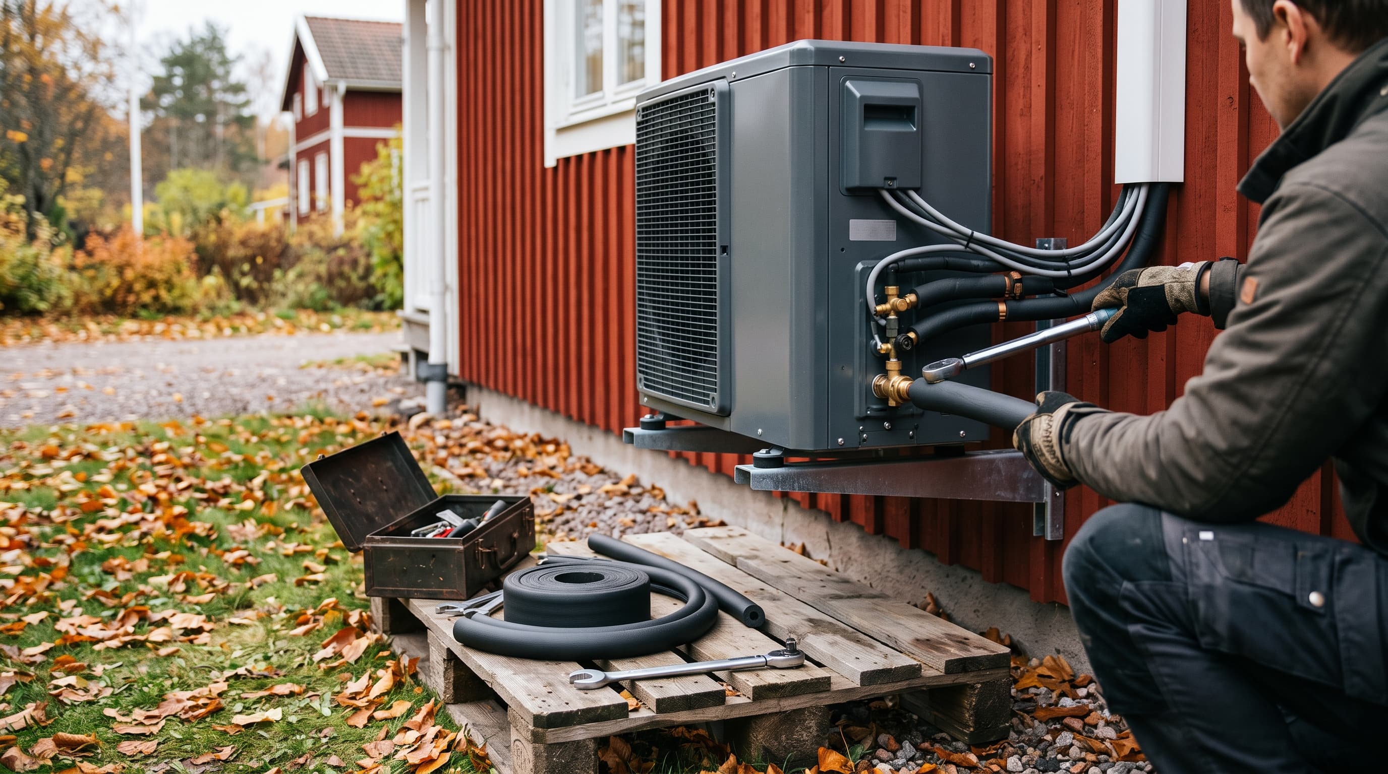 Installatör ansluter rör till en nymonterad luft/vattenvärmepump utanför en villa – ett typiskt jobb för en Elvy installatör.