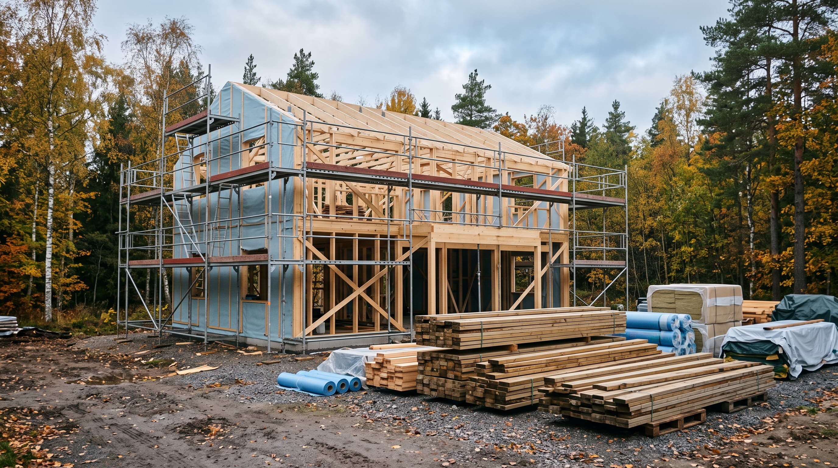 Trähus under uppförande med byggställning i höstskog, staplar av virke och rullar av vindskydd i förgrunden – byggbranschen och seriösa företag