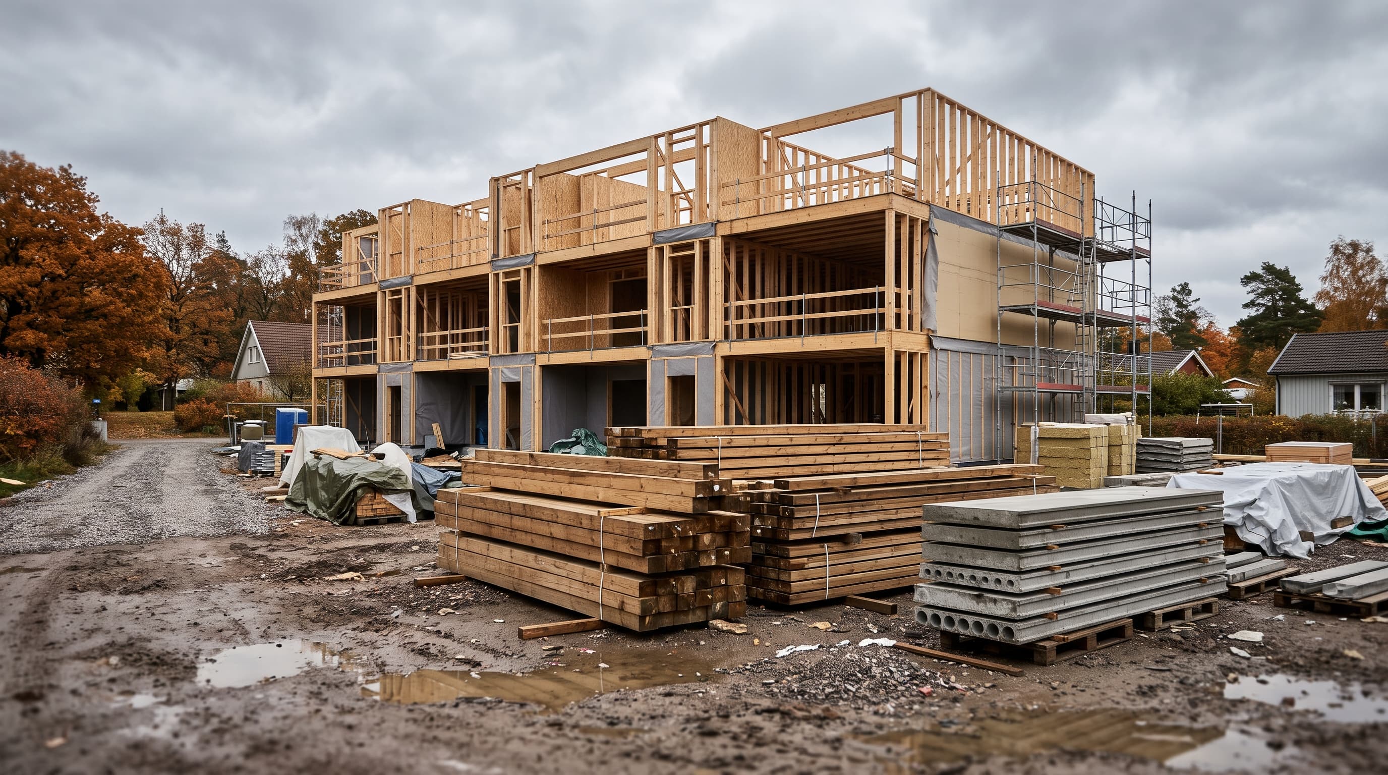 Flervåningshus med trästomme under uppförande, staplat virke och betongelement på en lerig byggplats – materialval och byggnaders klimatpåverkan.