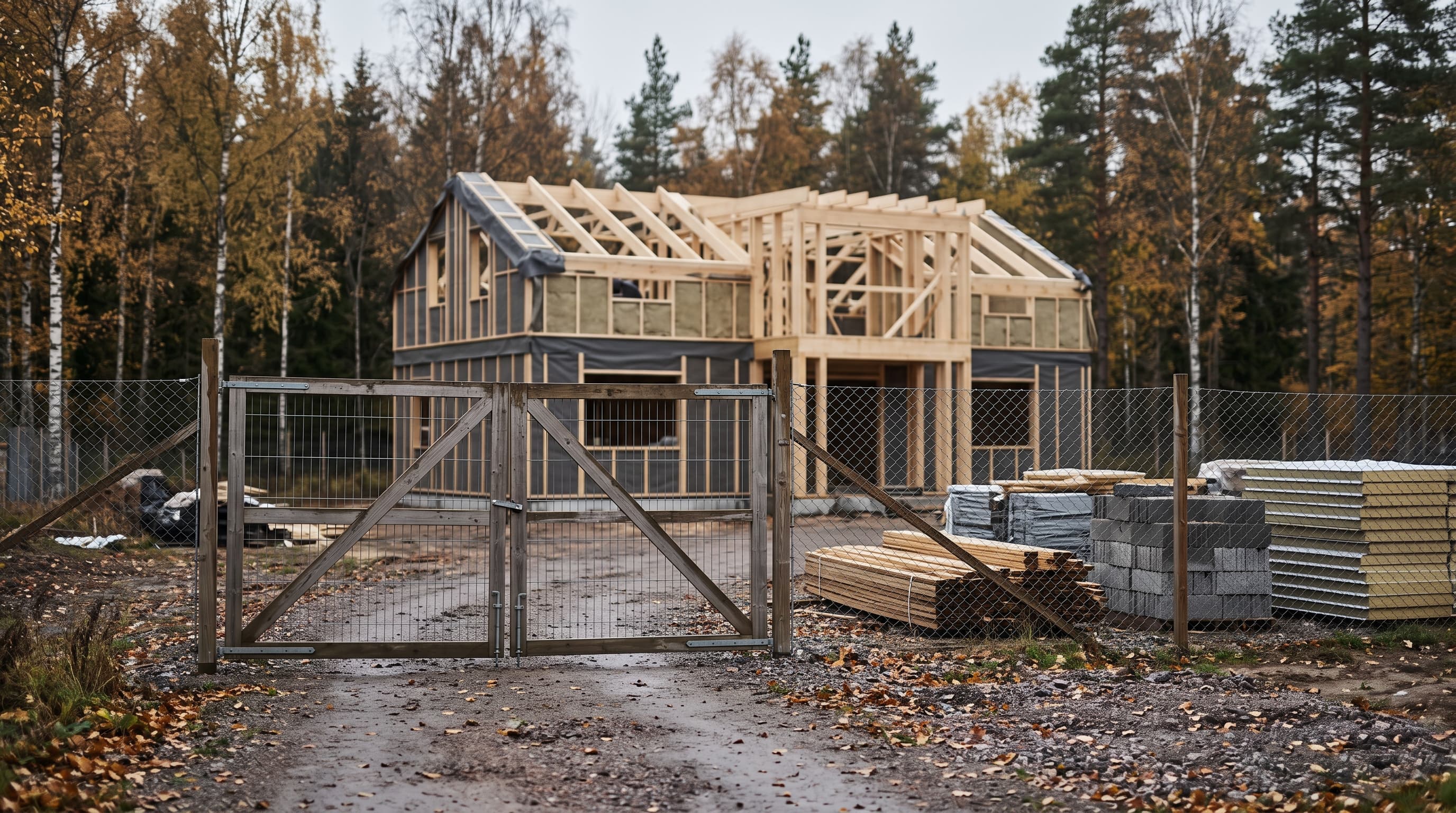 Stängd trägrind med nätstängsel framför ett trähus under uppförande, med virke, betongblock och isolering staplade intill – tillträde till byggarbetsplats
