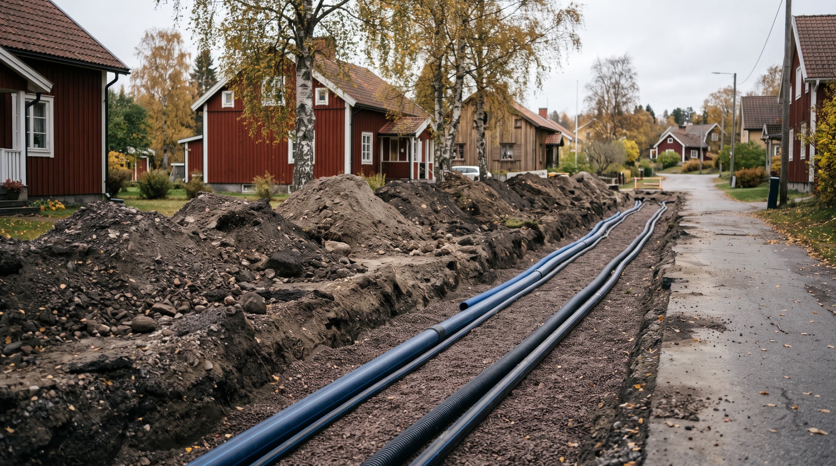 Uppgrävt dike längs en villagata med röda trähus, där blå och svarta rör ligger på grusbädd bredvid jordhögar – VA-ledningar som byts ut
