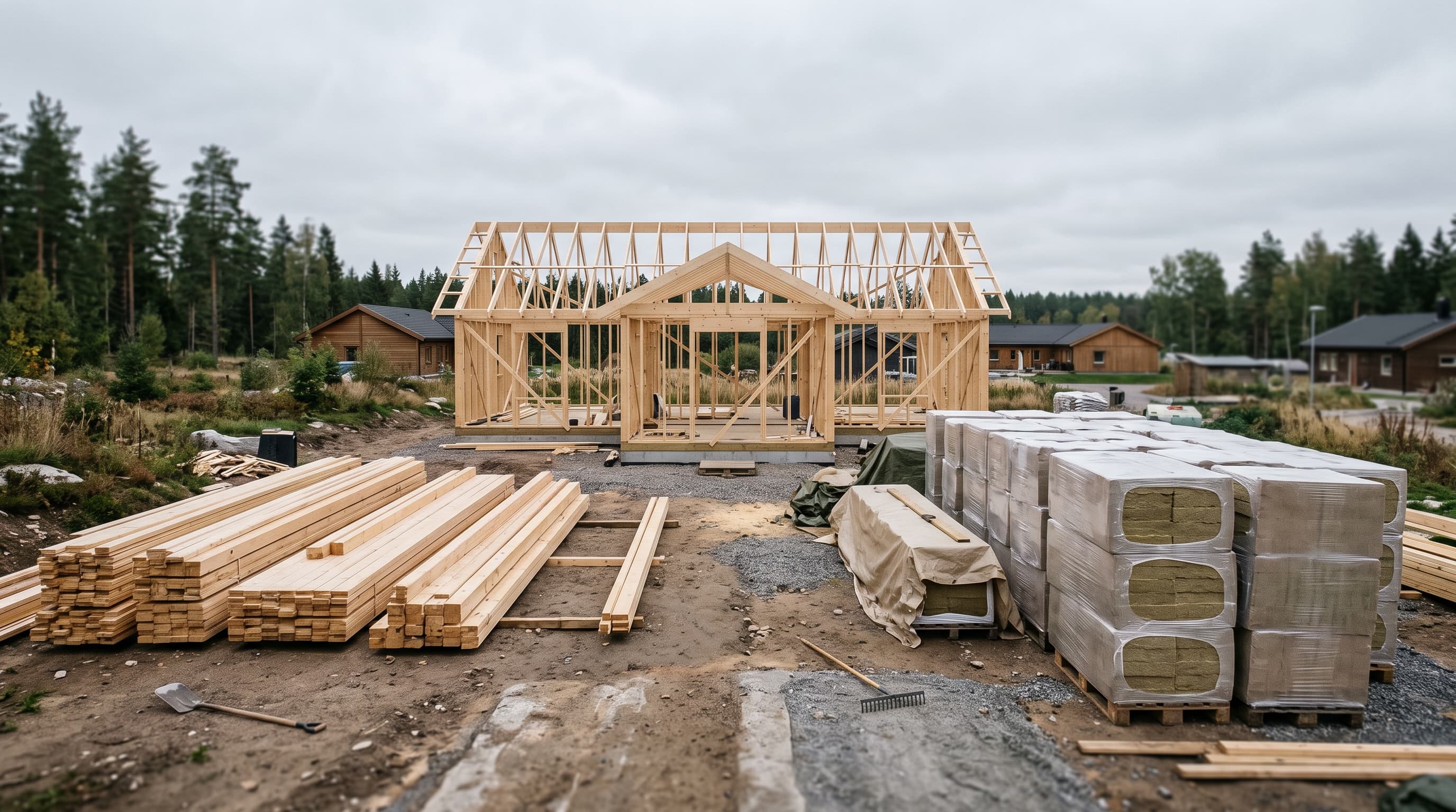 Nybyggt trästomme till villa med takstolar, travar av virke och plastade pallar med mineralull på en byggarbetsplats – material som ingår i en klimatdeklaration