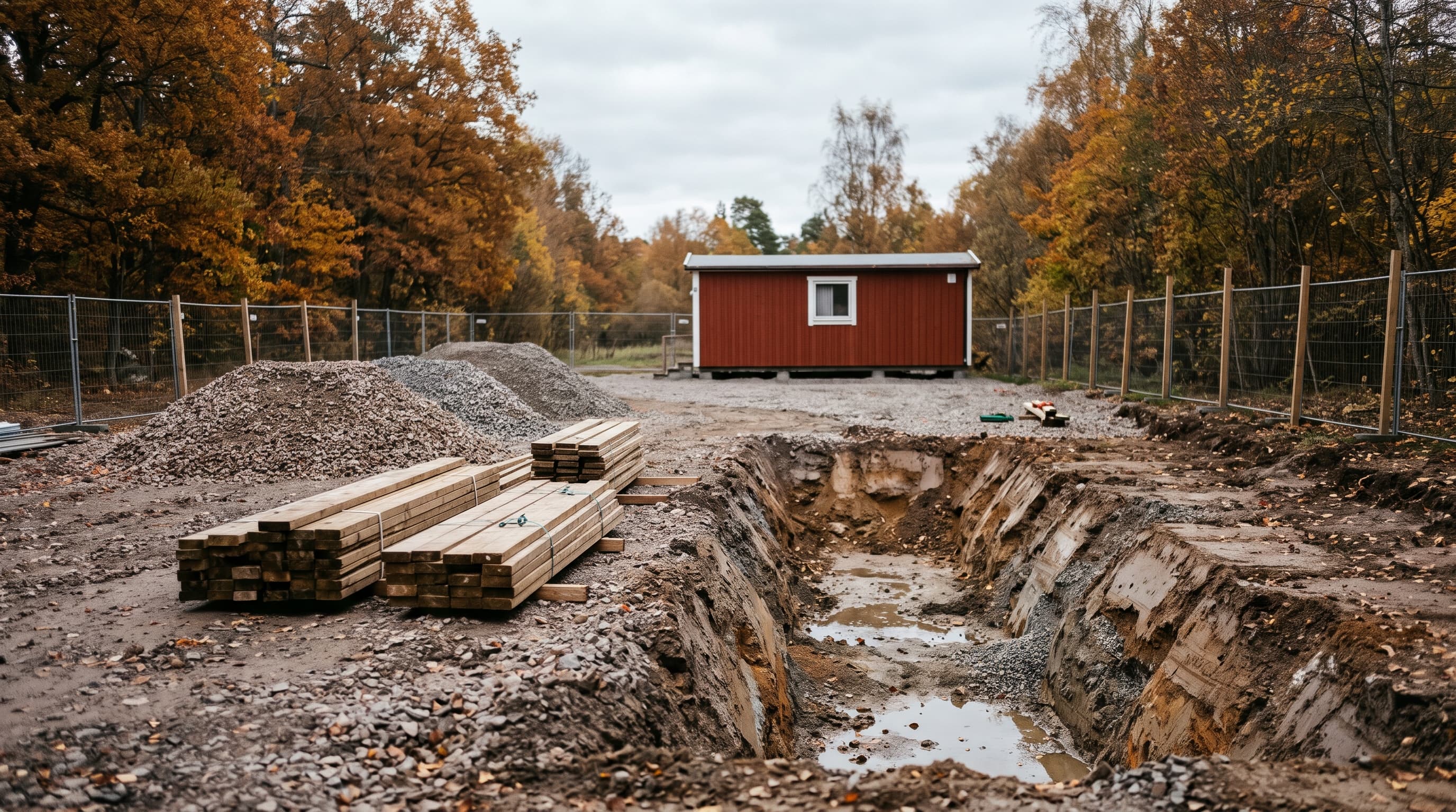 Byggarbetsplats med grävt dike, buntar av virke, grushögar och en röd bod bakom byggstängsel i höstskog – byggbranschen väntar på klimatstöd