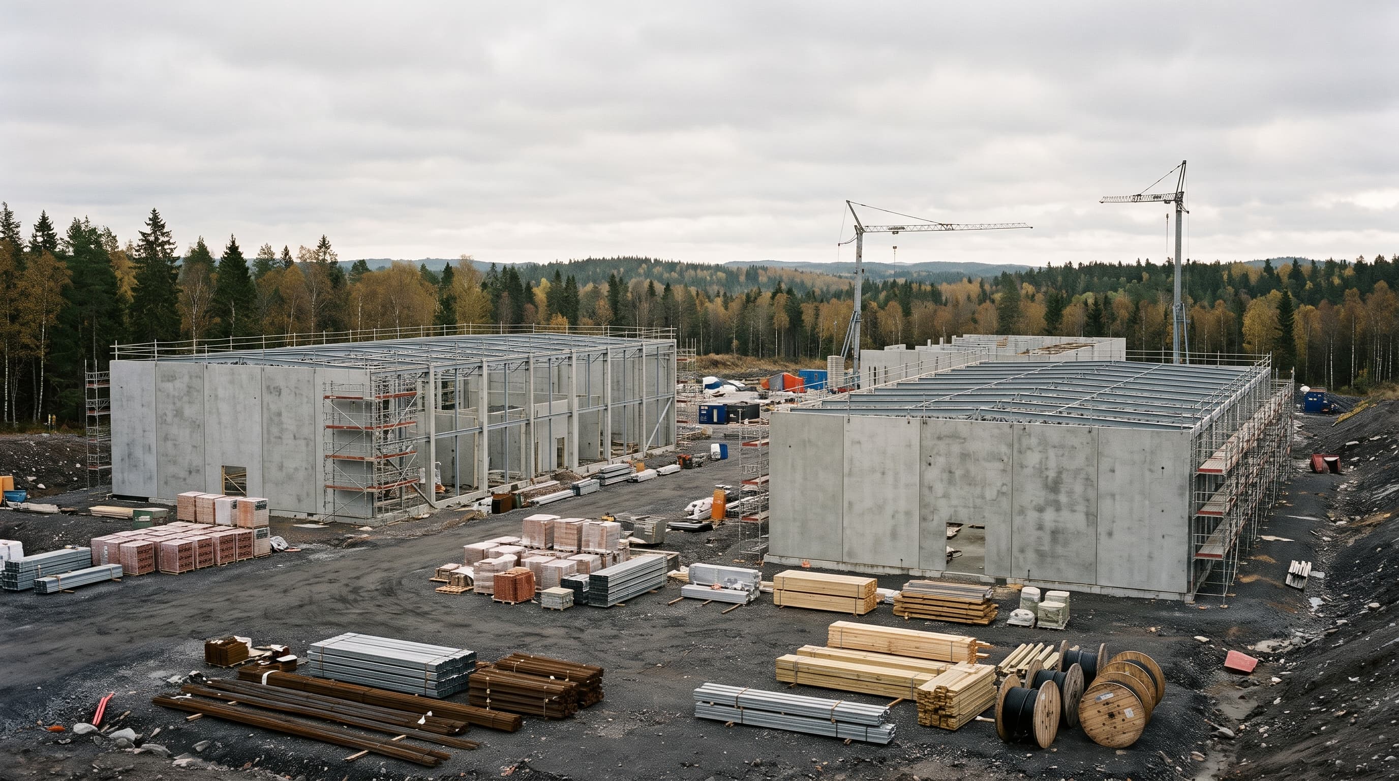 Byggarbetsplats med två halvfärdiga betonghallar, ställningar, två lyftkranar och staplat byggmaterial vid skogskant – stort byggprojekt med underentreprenörer