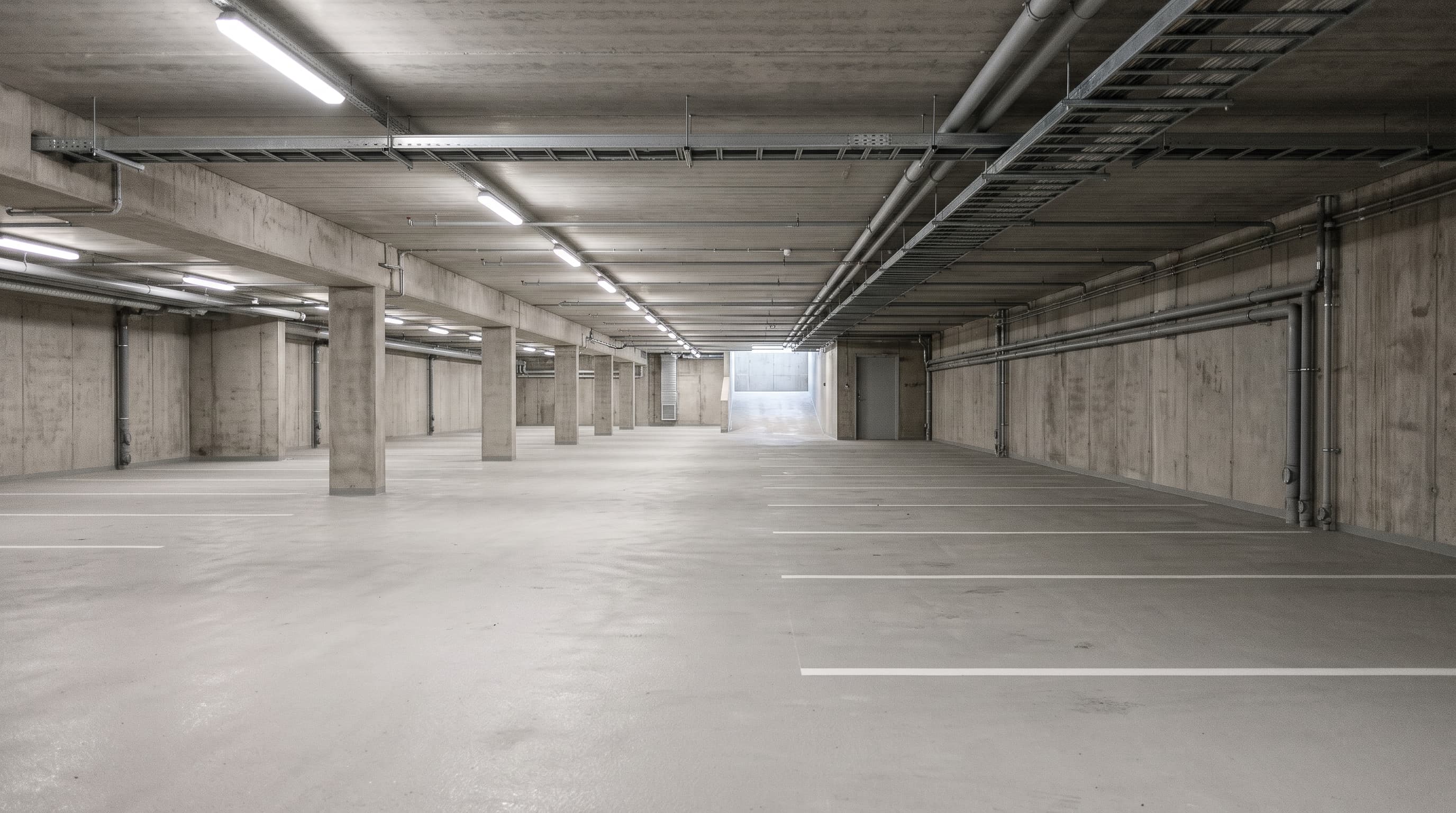 Tomt underjordiskt garage i betong med pelare, kabelstegar och rör i taket samt målade parkeringsplatser – miljö där elbilsladdning kan installeras
