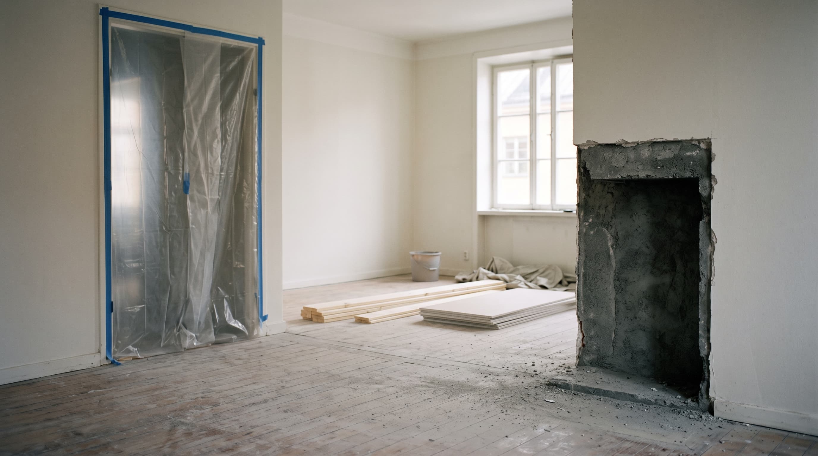 Tomt rum under renovering: dammskydd av plast med blå tejp över en dörr, uppbilad murstock och damm på golvet – att begränsa kvartsdamm.