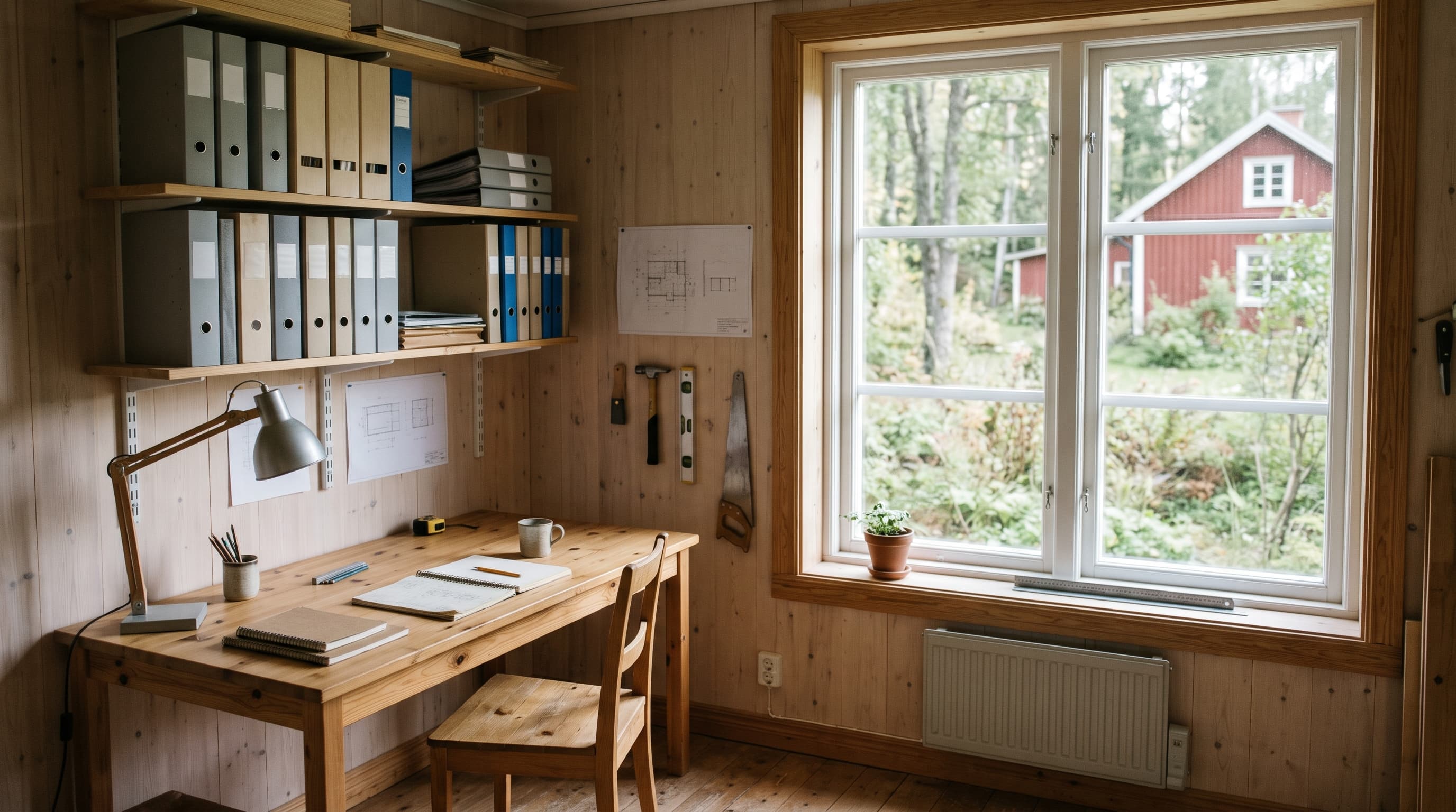 Ljust träkontor med pärmar på hyllor, ritningar och verktyg på väggen, skrivbord med anteckningsblock och fönster mot rött hus – pappersarkiv kontra moln