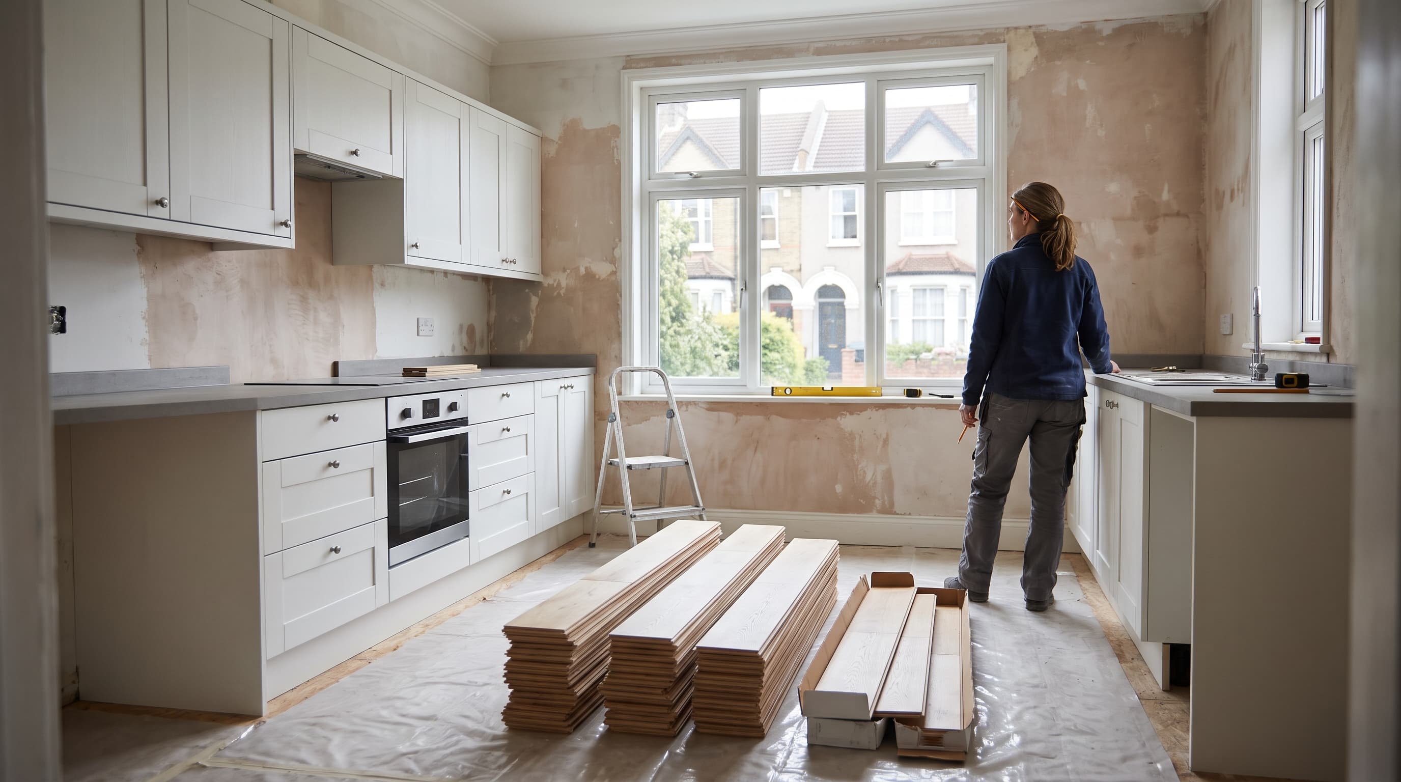 Hantverkare i ett kök under renovering med vita skåp, oslipade väggar och travar av golvbrädor – illustrerar tvist om muntligt renoveringsavtal.