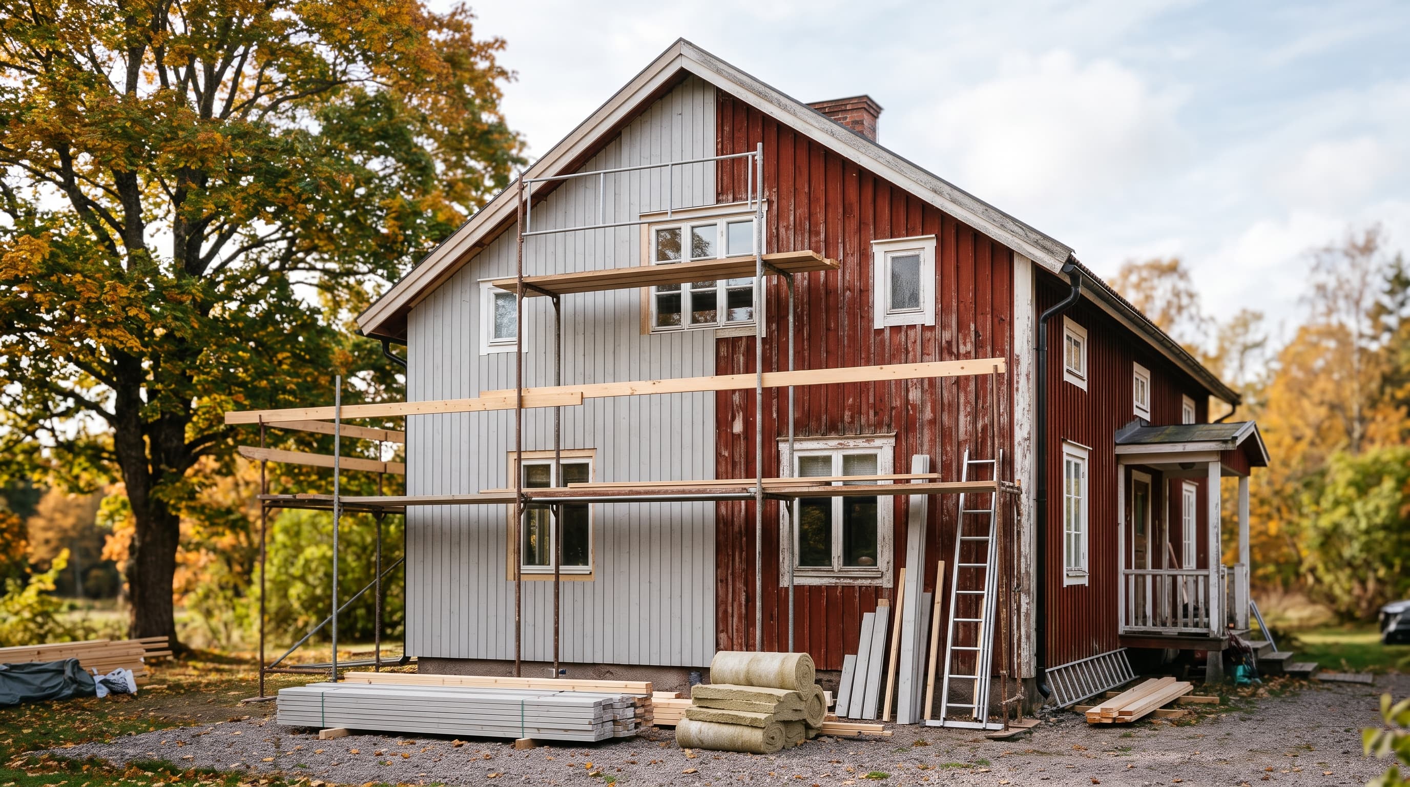 Rött trähus under renovering, delvis klätt med ny grå panel, med byggställning, isoleringsrullar och virke framför – tilläggsisolering för bättre energiklass