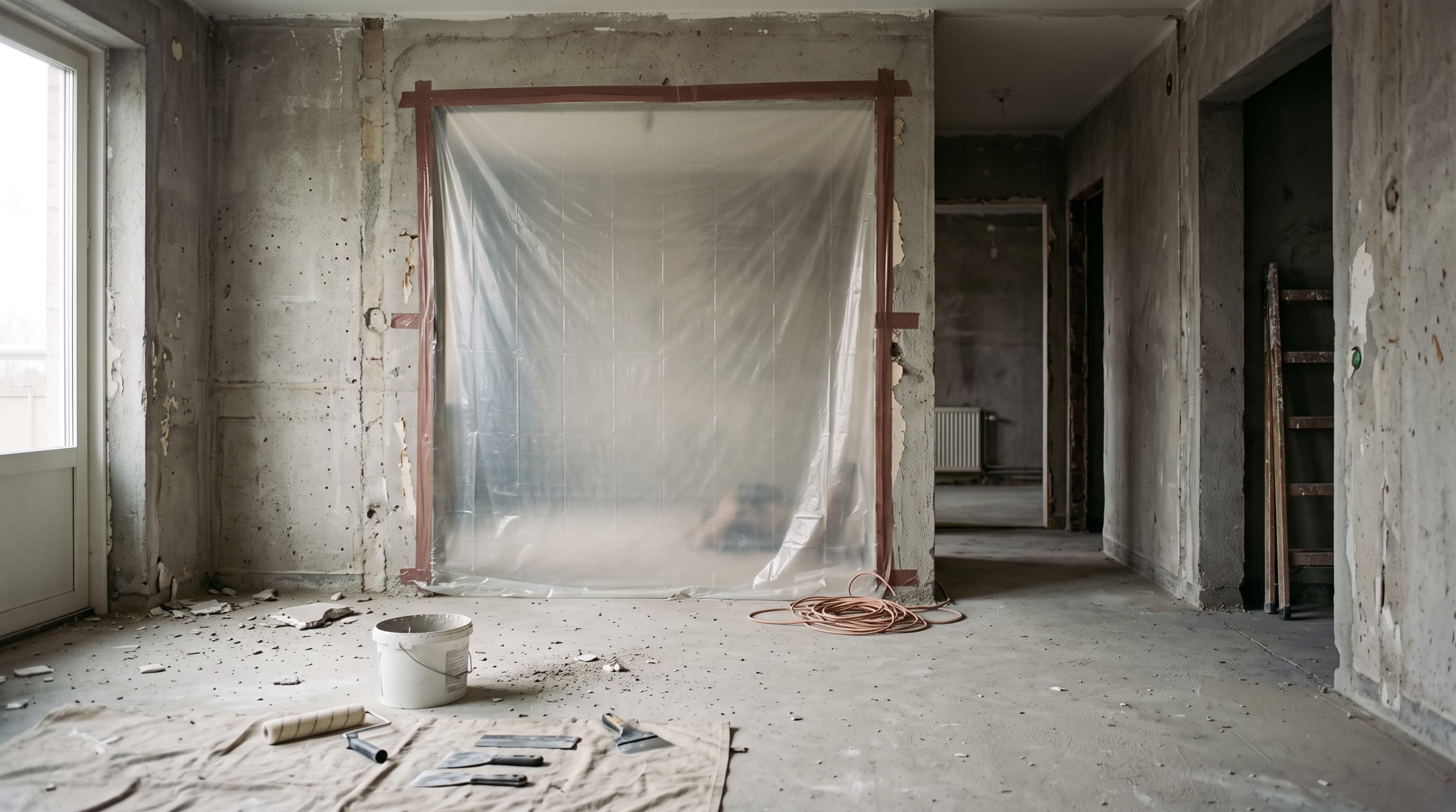 Rum under renovering med plastskydd tejpat över en öppning, spackelhink, målarroller och spackelspadar på en duk samt en stege – ÄTA-arbeten på bygget.