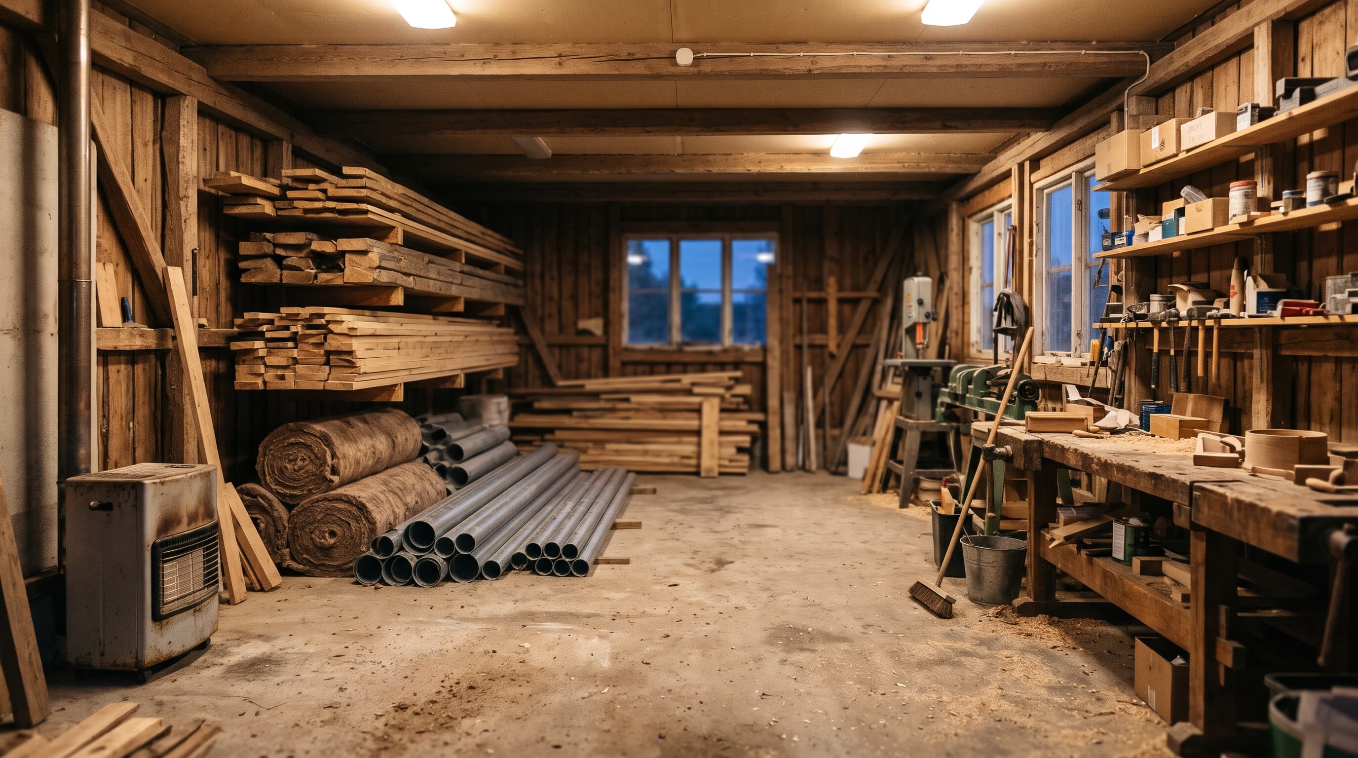 Snickeriverkstad med virke på hyllor, isoleringsrullar, stålrör, bandsåg, arbetsbänk och en värmare – stigande material- och energikostnader för hantverkare