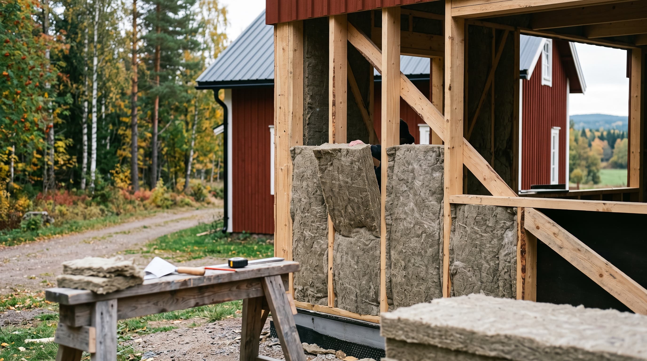 Hantverkare sätter in stenullsskivor i en träregelstomme vid ett rött hus; på en bock ligger isolering och måttband – tilläggsisolering med rotavdrag