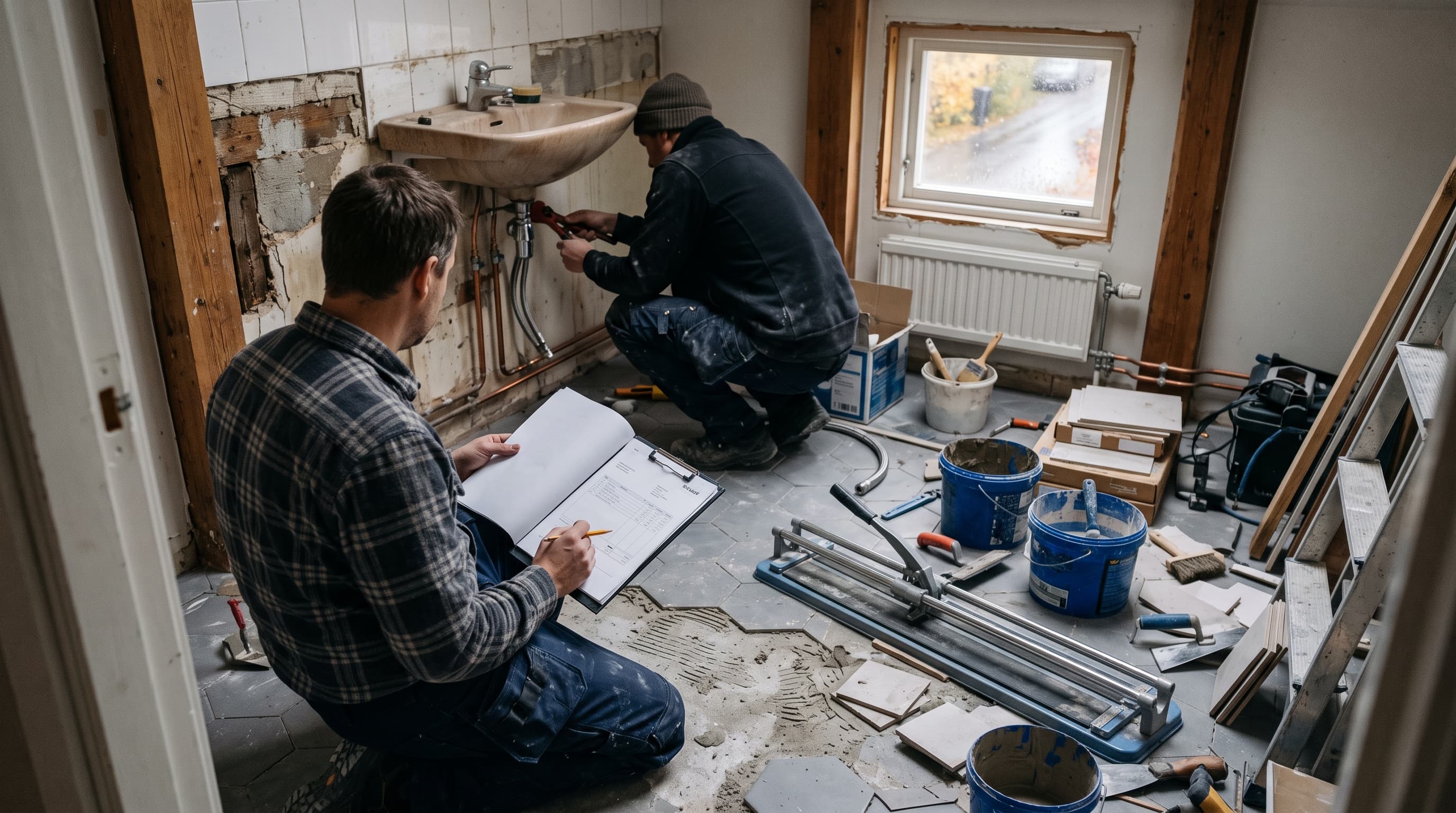 Hantverkare går igenom papper och faktura i ett badrum under renovering medan en rörmokare arbetar – rotavdrag nya regler 2027