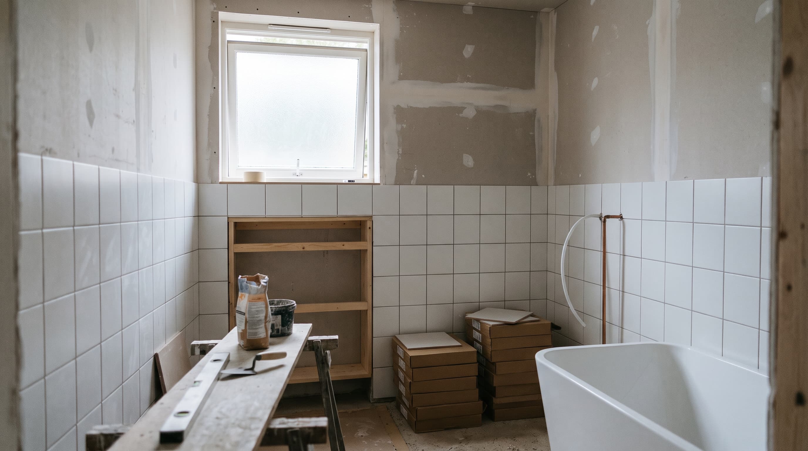 Badrum under renovering med halvkaklade väggar, kakelkartonger, badkar, kopparrör och en arbetsbänk med vattenpass och murslev – installationsbranschen i fokus