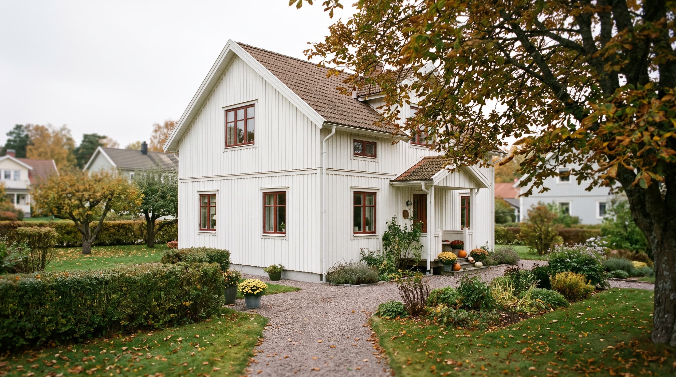 Vit tvåvåningsvilla med stående träpanel, röda fönster och tegeltak, grusgång och höstlöv i trädgården – illustrerar småhuspriserna 2026.