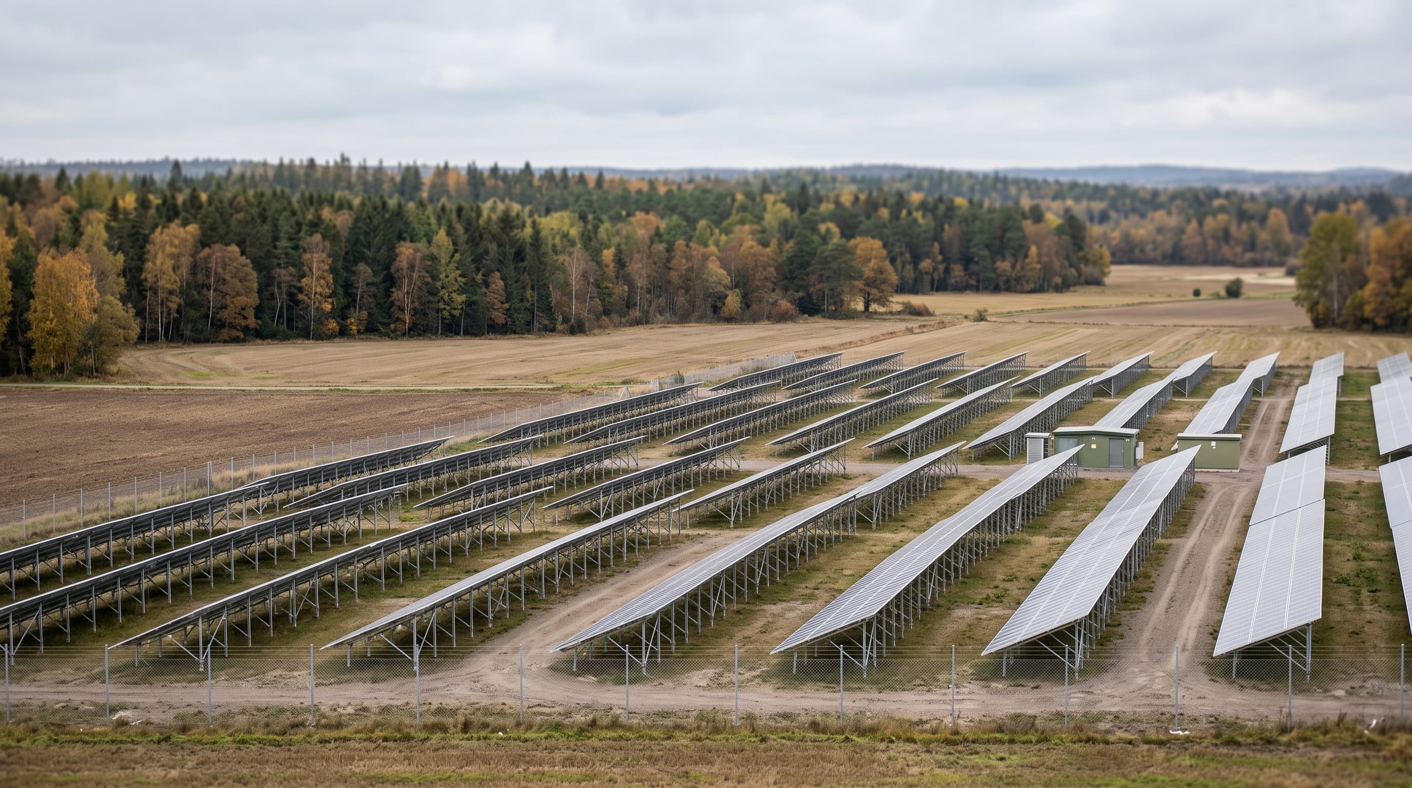 Solcellspark med långa rader paneler, grusvägar, gröna teknikbodar och stängsel framför höstskog och åkrar – solcellsparker granskas av Elsäkerhetsverket