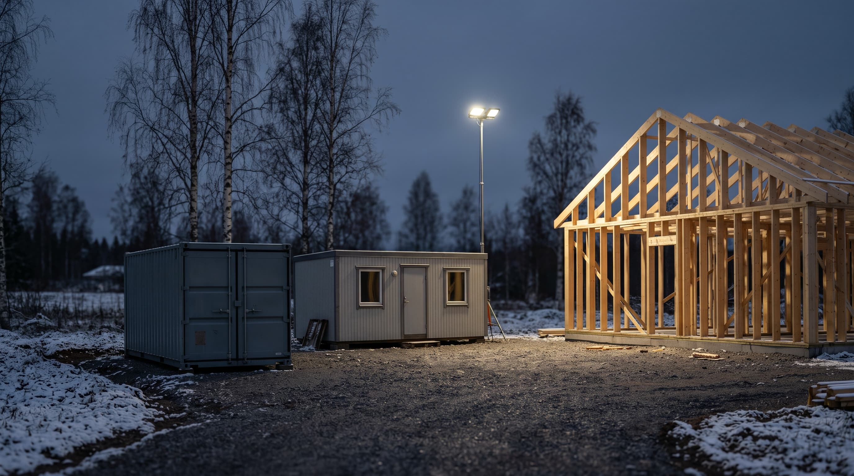 Byggarbetsplats i kvällsmörker med container, bod och trästomme till ett hus, upplyst av en lampmast i snöig miljö – där verktygsstölder kan ske.